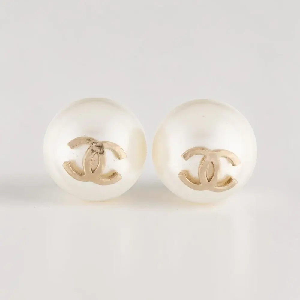 Chanel Gold-tone White Faux Pearl Interlocking CC Stud Earrings
